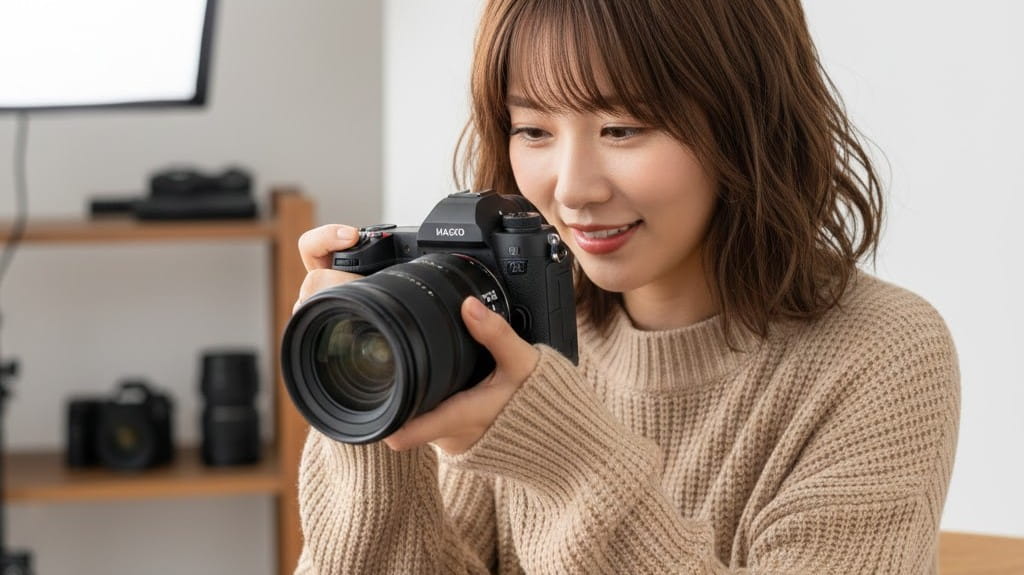 ズームレンズの付いた一眼レフカメラを構えて、笑顔で撮影しているベージュのニットを着た女性