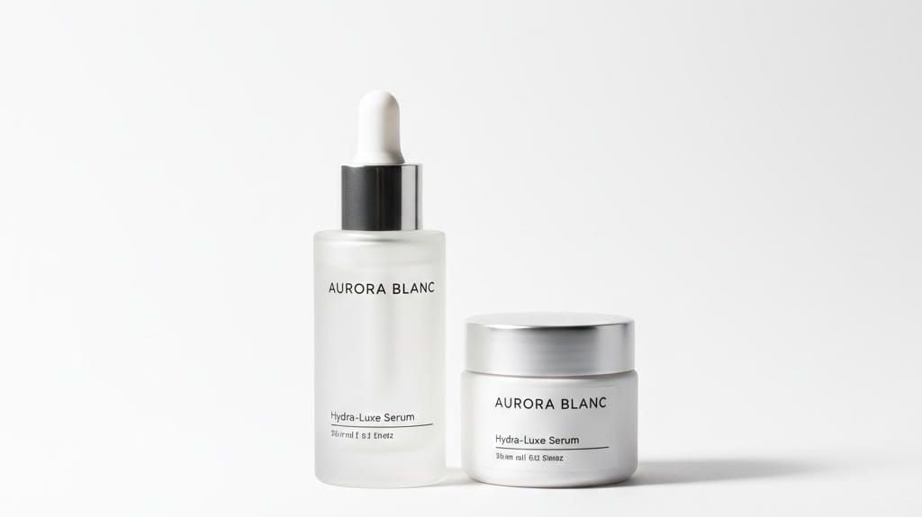 白を背景にした『AURORA-BLANC』のスキンケア化粧品（美容液ボトルとクリームジャー）のセット