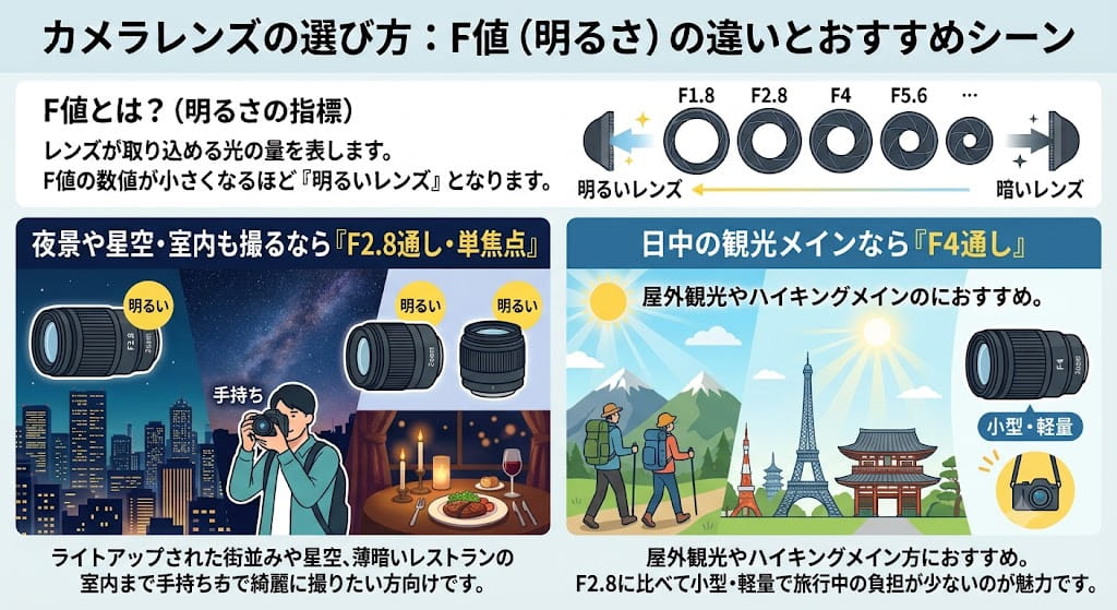 F値の違いとおすすめシーンを解説したイラスト