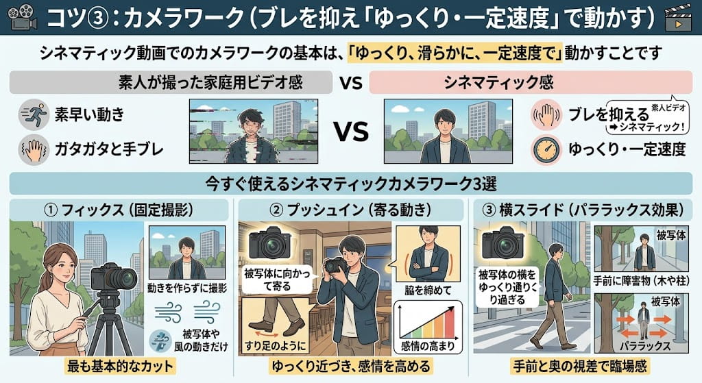 シネマティックカメラワーク解説図