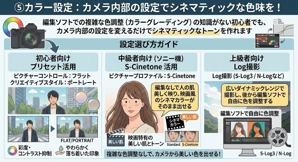 S-Cinetone等のカラー設定解説図