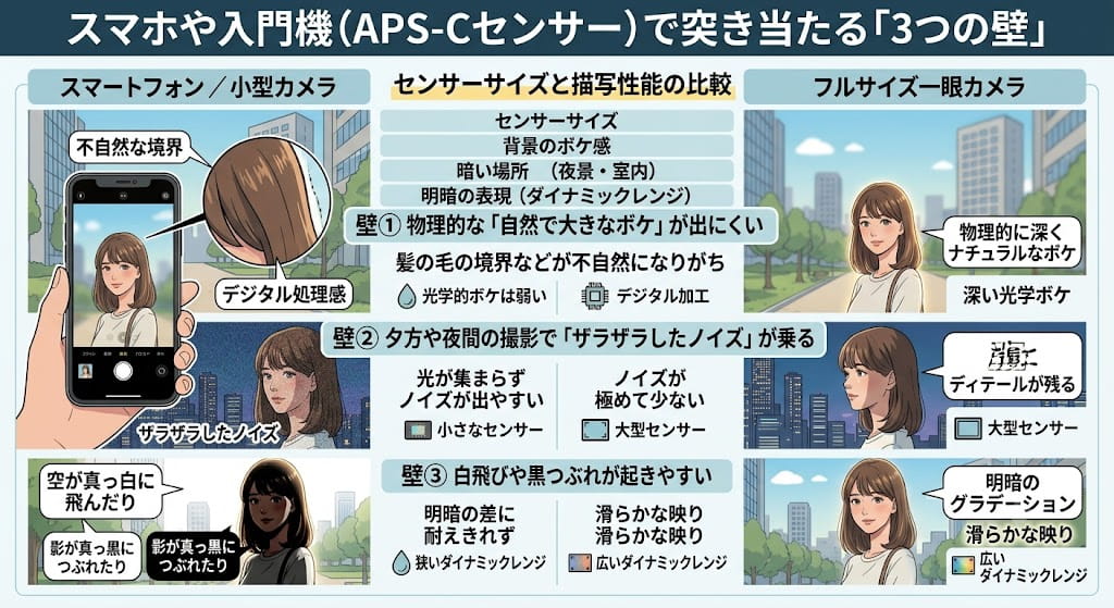 スマホと入門機での3つの壁解説図