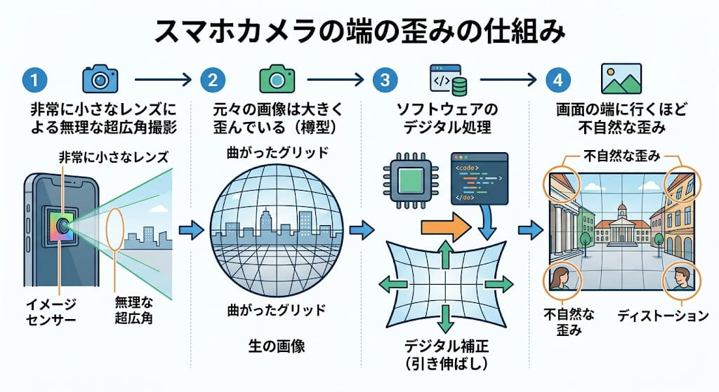 スマホカメラの端の歪みの仕組みを説明したイラスト