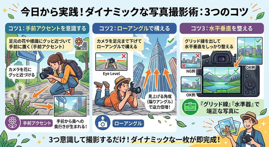 ダイナミックな写真撮影術3つのコツ7を解説したイラスト