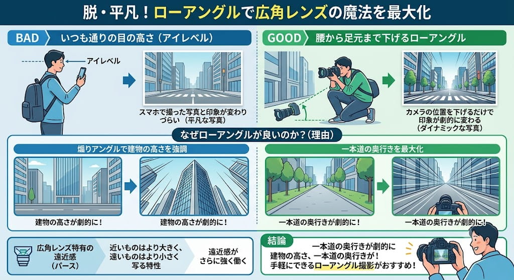 ローアングルで広角レンズで撮影する方法を解説したイラスト