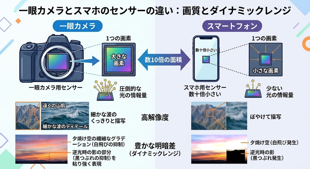 一眼カメラとスマホセンサーの違い：画質とダイナミックレンジを説明したイラスト