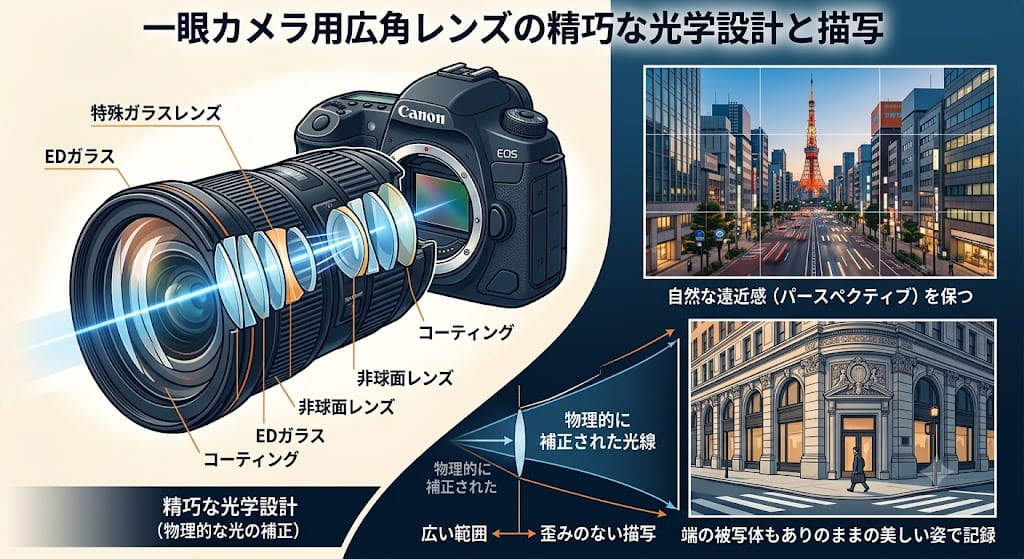 一眼カメラ用広角レンズの精巧な光学設計と描写を説明したイラスト