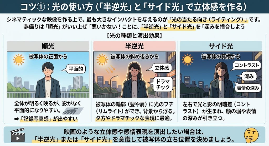 半逆光とサイド光の解説図