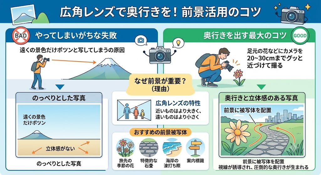 広角レンズの前景活用のコツを解説したイラスト