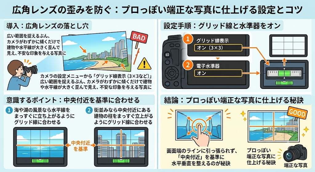 広角レンズの歪みを防ぐプロっぽい端正な写真に仕上げる設定とコツを解説したイラスト
