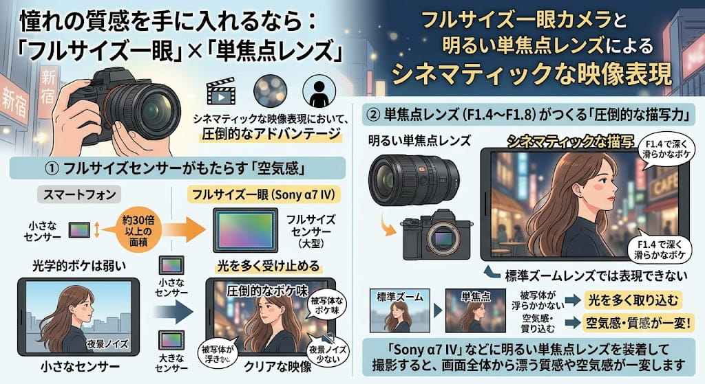 フルサイズ一眼と単焦点レンズの描写力解説図