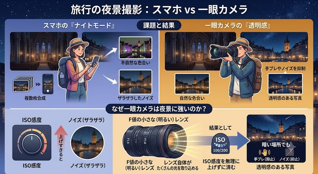 旅行の夜景撮影：スマホVS一眼カメラの内容を説明したイラスト