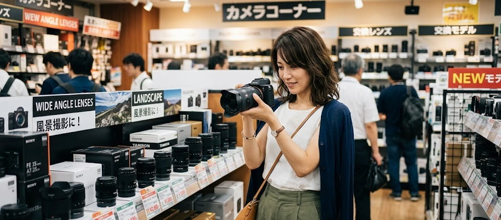 旅行の風景撮影に向けて量販店で広角レンズを選んでいる女性