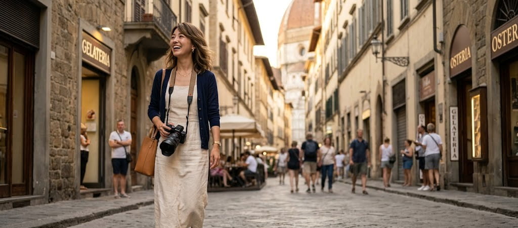 旅行中に一眼カメラに広角レンズを装着して歩いている女性