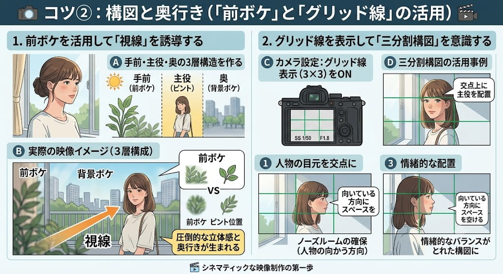 構図と前ボケ・グリッド線活用解説図