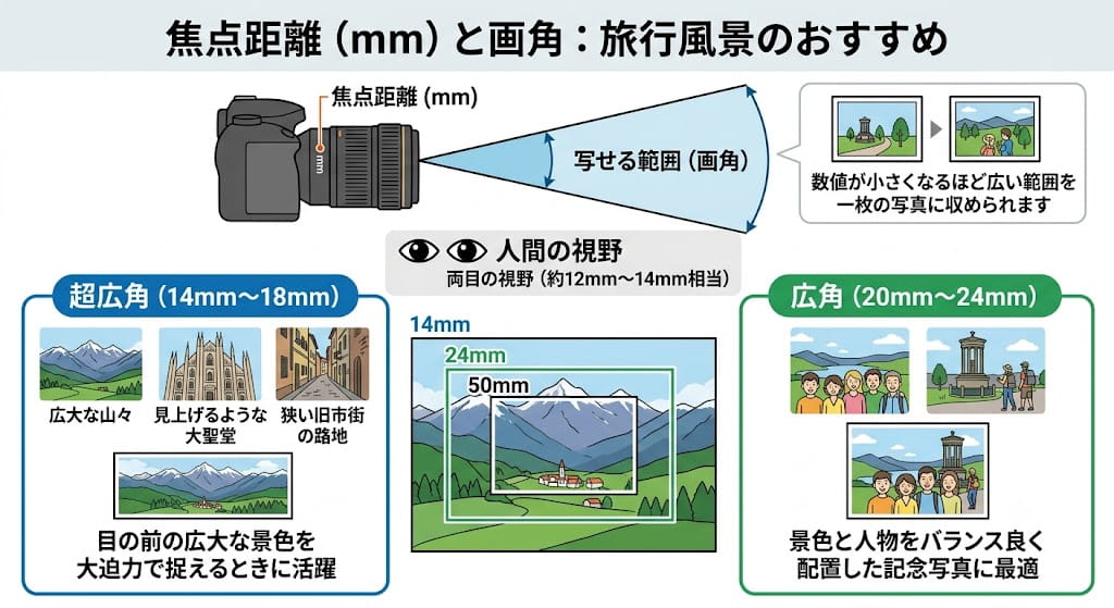 焦点距離と画角を解説しているイラスト