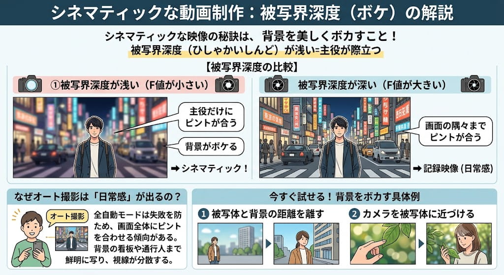 背景が美しくボケている（被写界深度が浅い）解説図