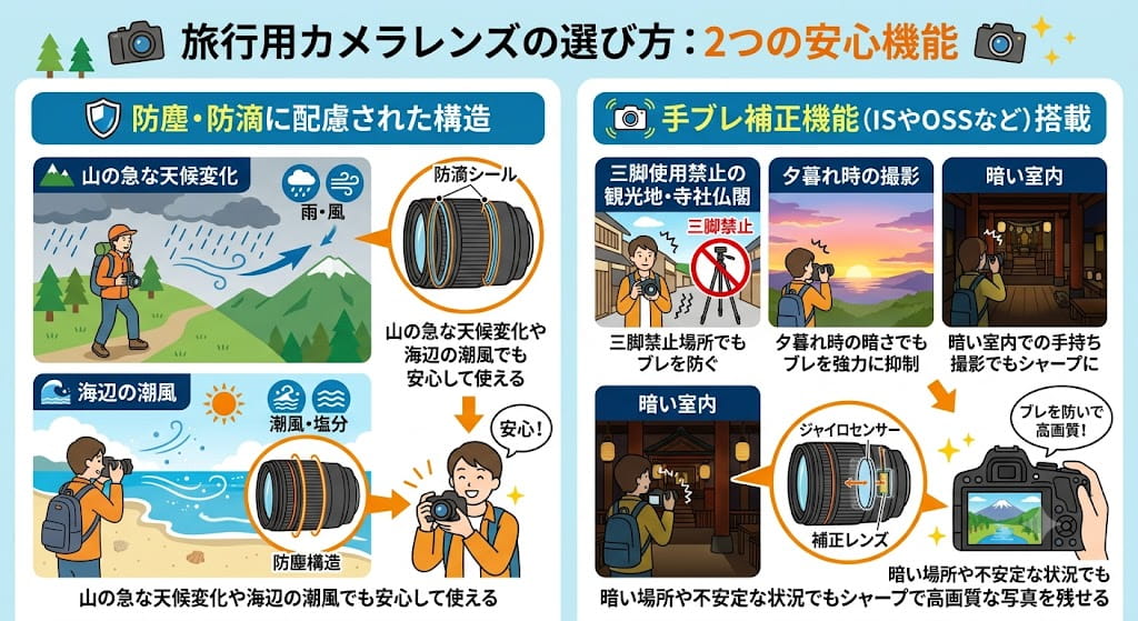 防塵・防滴構造と手ブレ補正について解説しているイラスト
