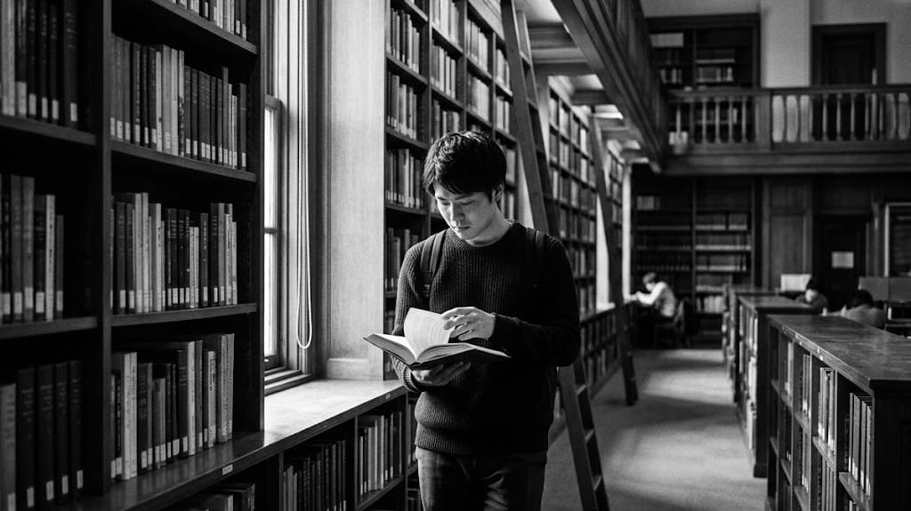 静かな図書館で本を手にとる男性