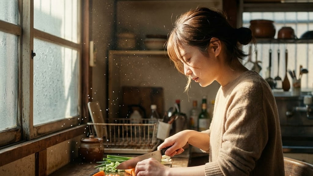 自然光が差し込むキッチンでの撮影風景