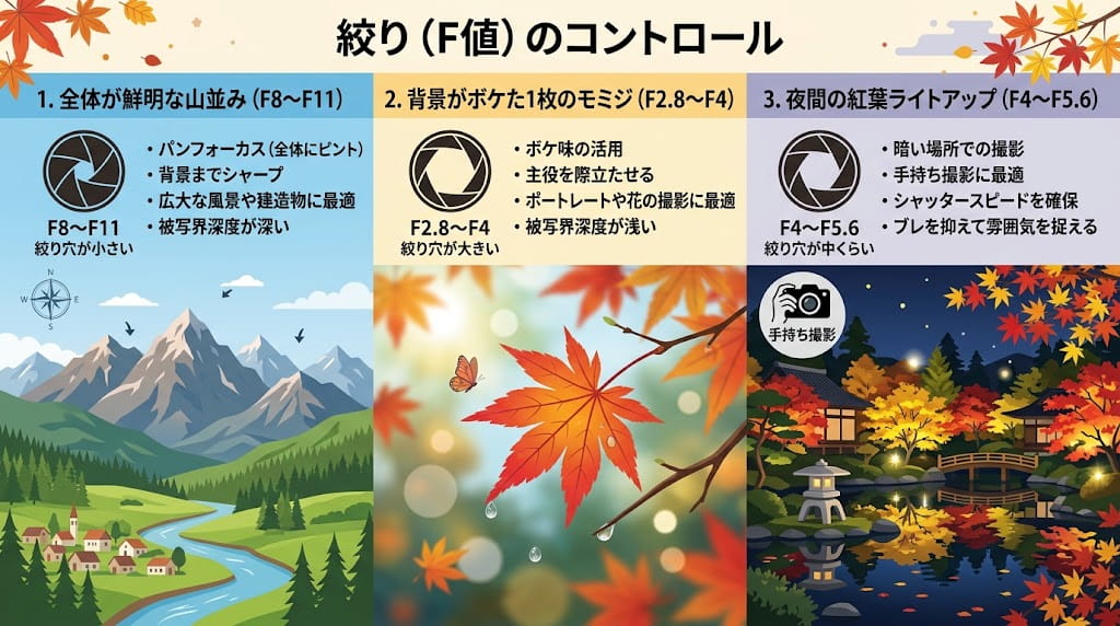紅葉撮影における絞り（F値）のコントロールとブレ対策の解説イラスト