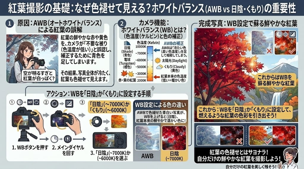 オートホワイトバランスが紅葉の色を抑えてしまう原因解説