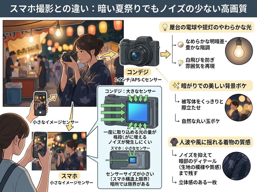 コンデジとスマホ撮影との違いを解説した図解イラスト