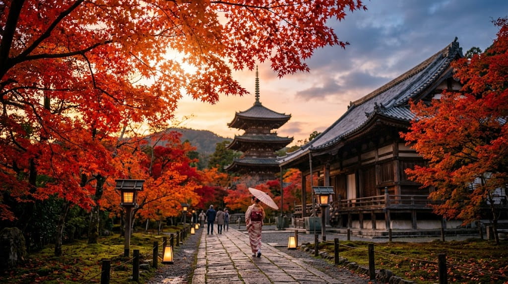 京都の伝統的な寺院と鮮やかな赤い紅葉