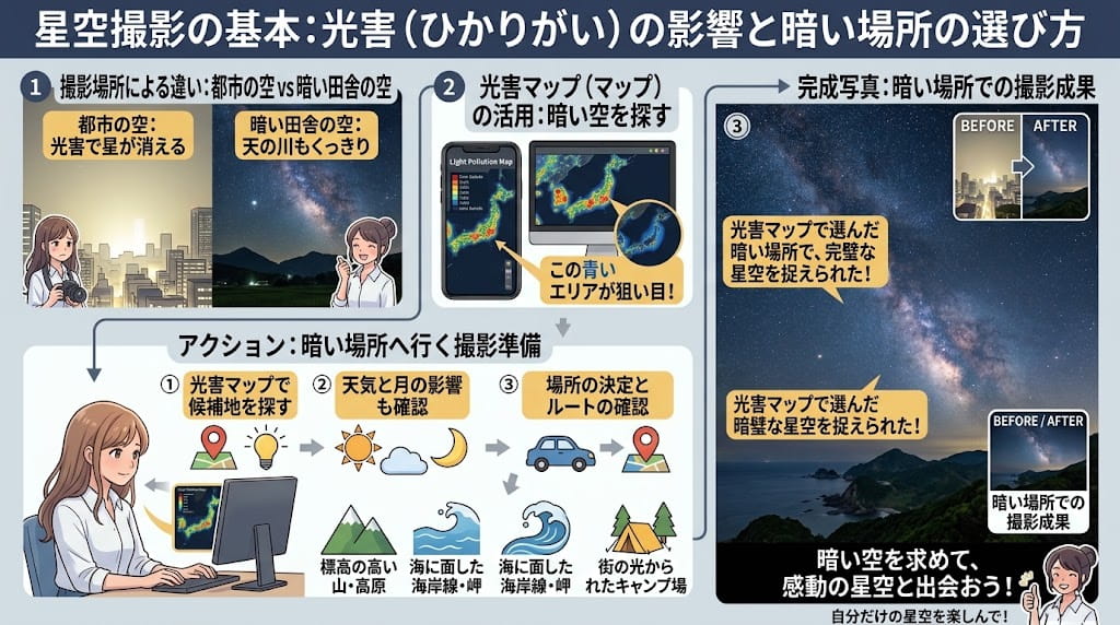 光害の影響と撮影スポット選びの解説