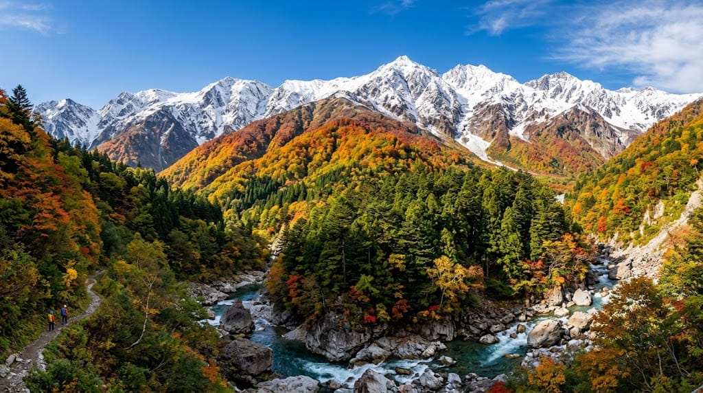 圧倒的なスケール感の山岳と渓谷の紅葉パノラマ風景