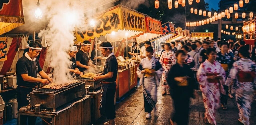 屋台から立ち上る煙と行き交う人々を捉えたスナップ写真
