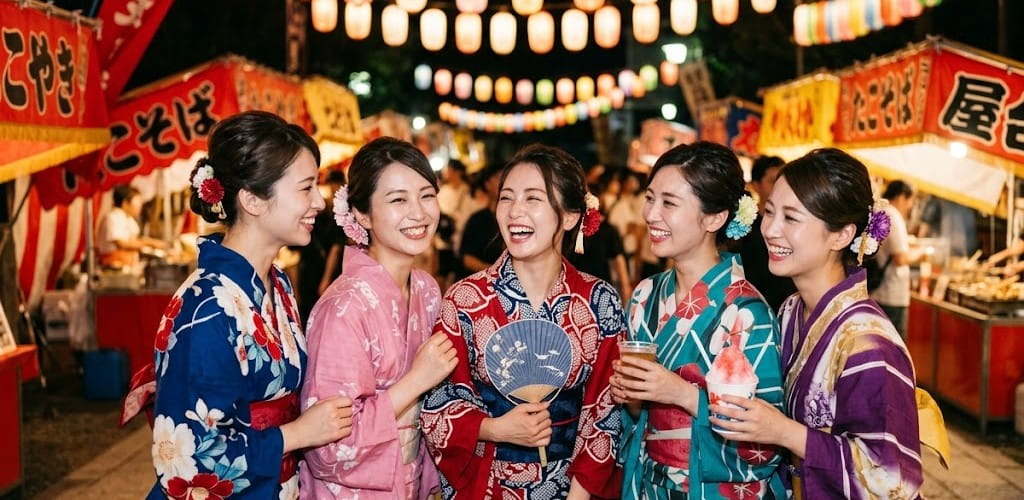 夏の夜の祭り会場で楽しそうに笑い合う女性たちの集合写真