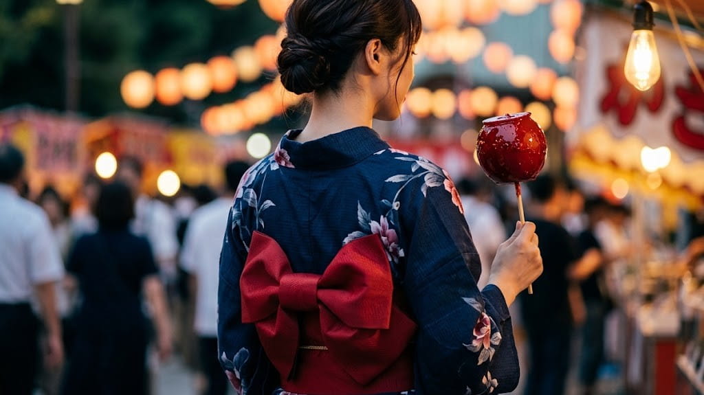 浴衣を着た女性の帯結びとりんご飴のスナップ写真