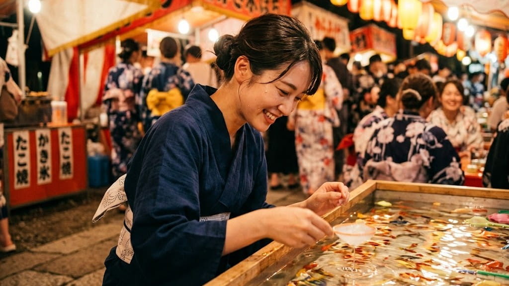 夕暮れ時の夏祭りのスナップ写真