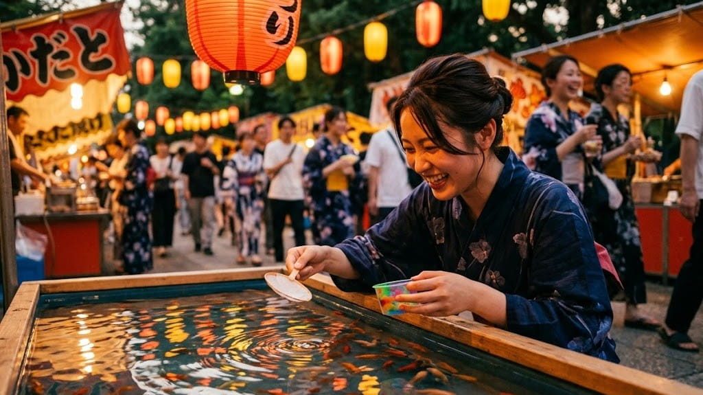 夕暮れ時の夏祭りで金魚すくいに夢中になっている女性
