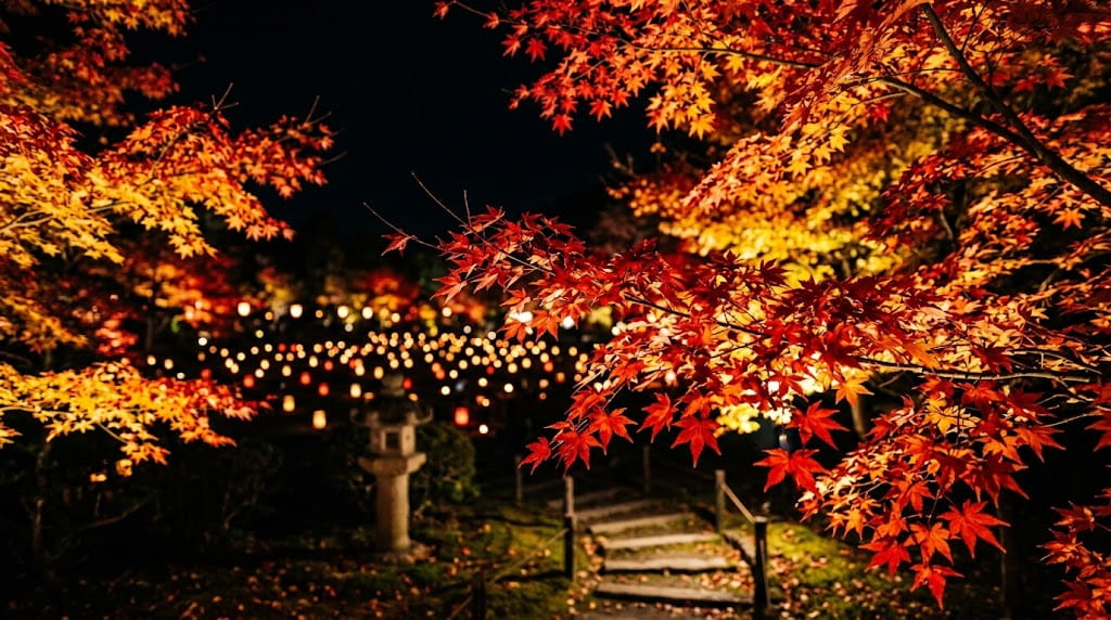 夜間ライトアップされた色鮮やかな紅葉