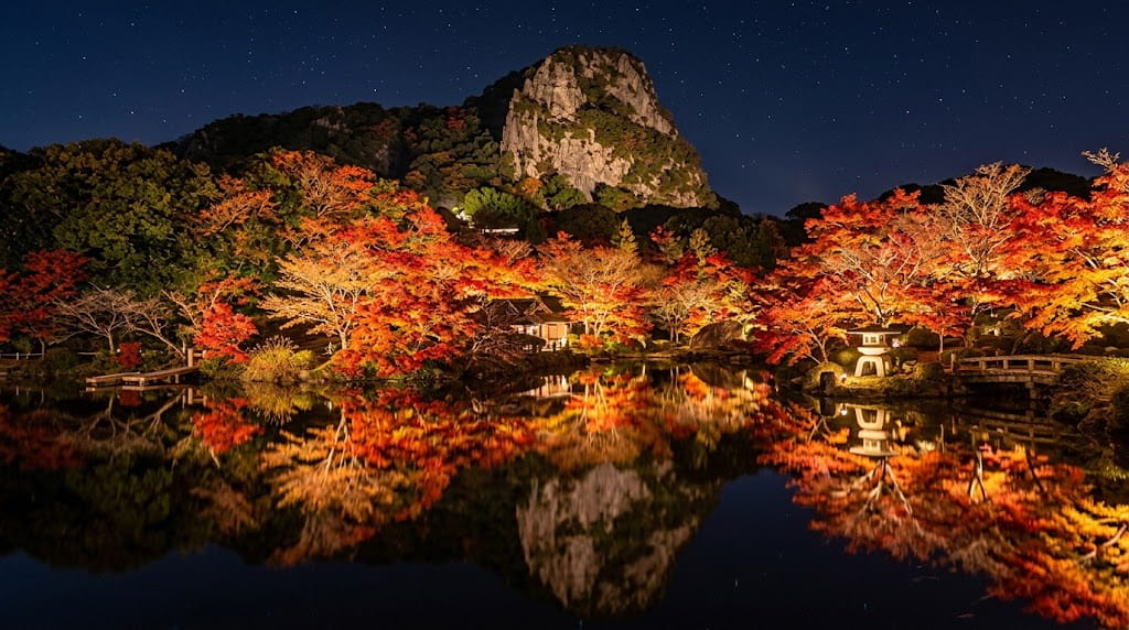 御船山楽園の広大な池に映る紅葉ライトアップ
