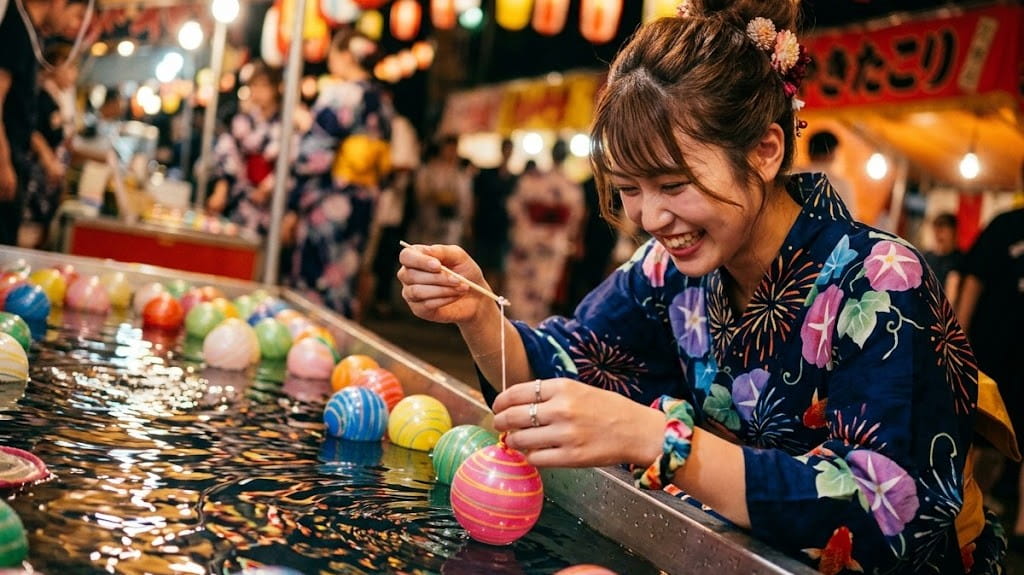 夏祭りの屋台で水ヨーヨー釣りを楽しむ女性のスナップ写真