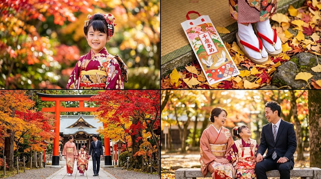 秋の紅葉と七五三の記念写真コレクション