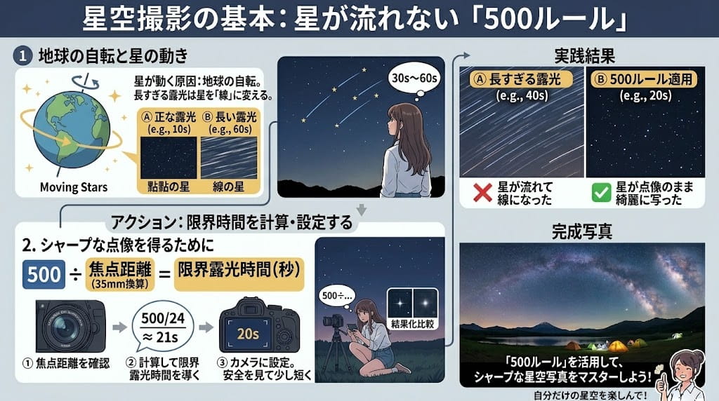 星が流れる仕組みと500ルールの解説イラスト