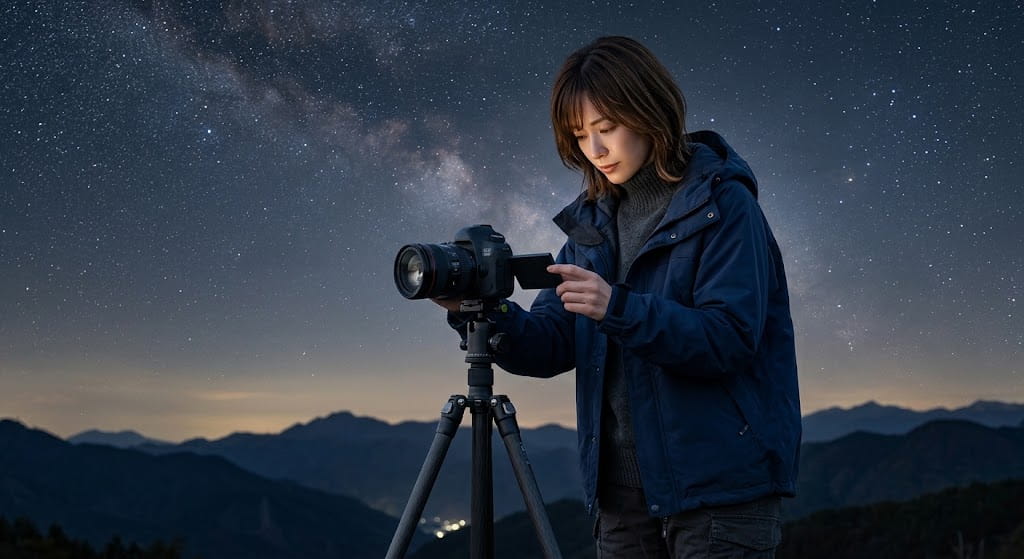 星空の下でカメラを操作する様子