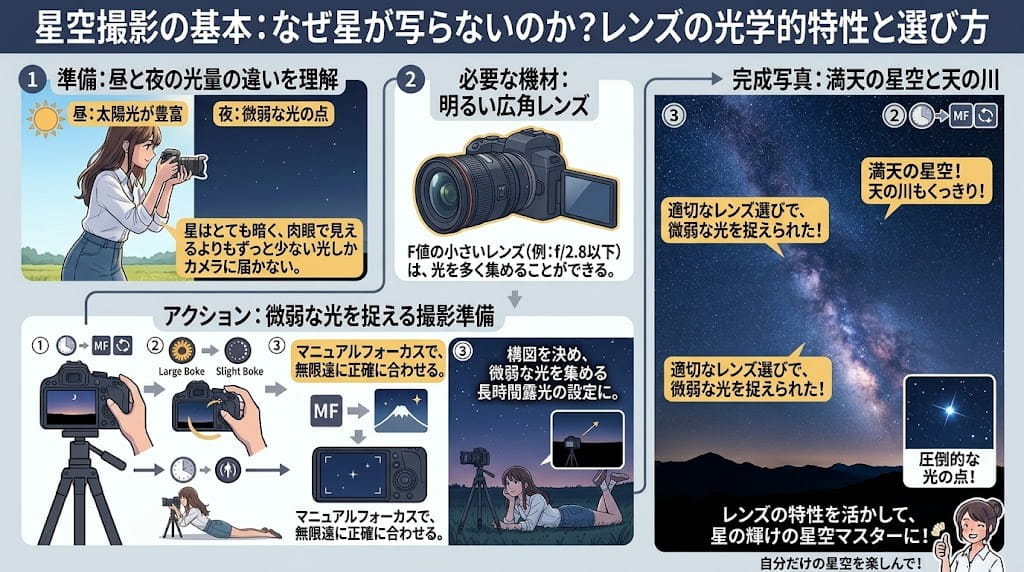 星空撮影がうまくいかない理由の解説イラスト