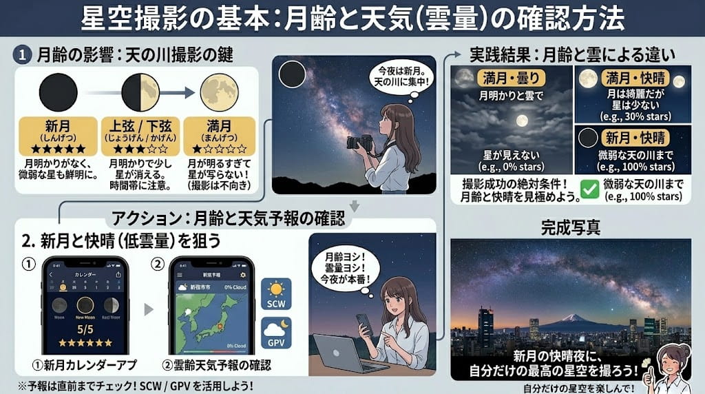月齢と雲量予報のチェック方法