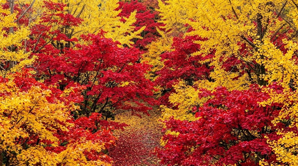 望遠レンズの空間圧縮効果を活かした紅葉写真