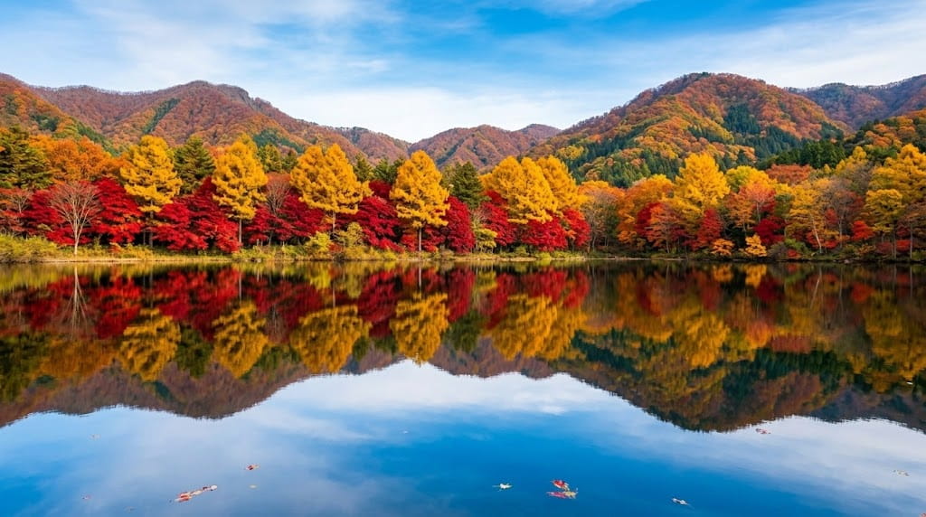 波ひとつない湖面に紅葉が映り込む水鏡リフレクション風景