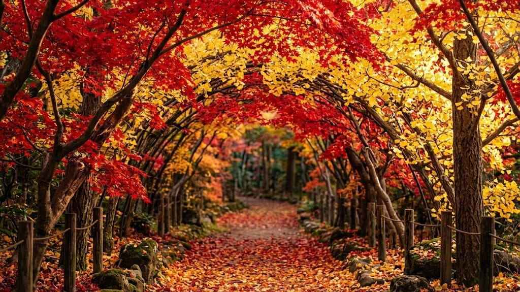 深紅のカエデと黄金色のイチョウの紅葉トンネル
