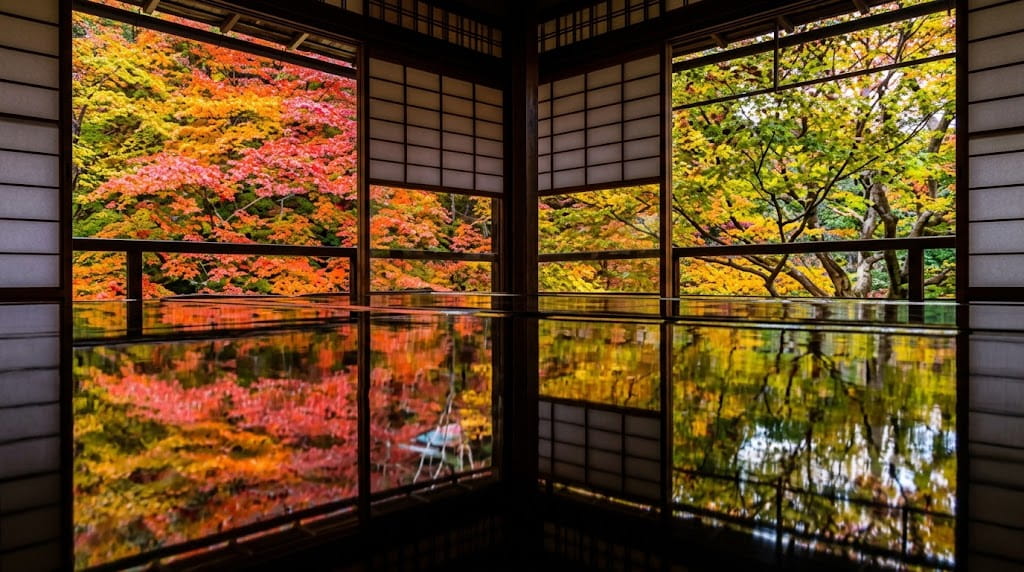 瑠璃光院の漆塗り机に映る紅葉リフレクション