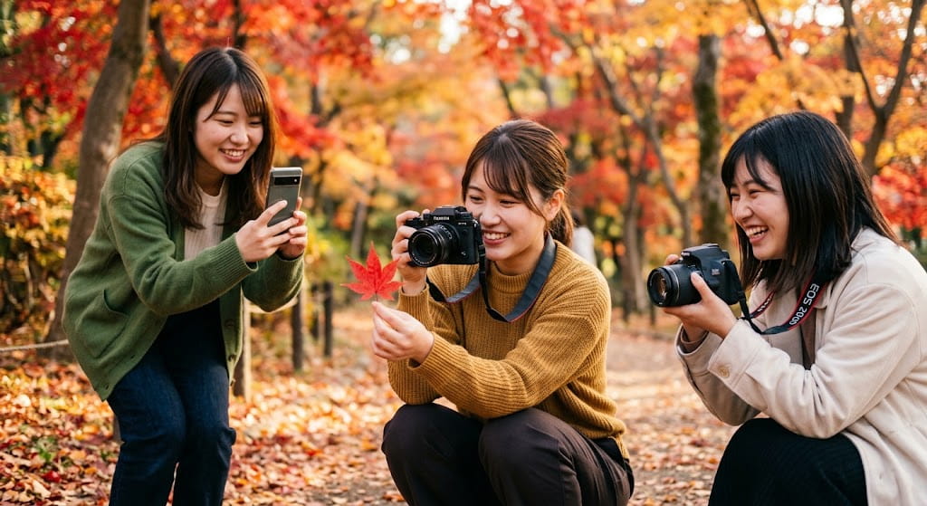 秋の旅行先で紅葉の撮影を楽しむ女性たち