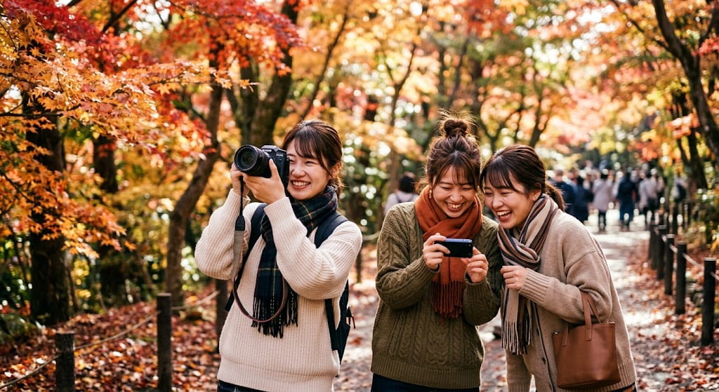 秋の紅葉スポットを旅行中の女性スナップ写真
