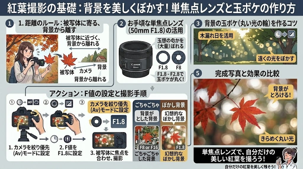 紅葉撮影で背景をぼかしたいときの手順解説イラスト